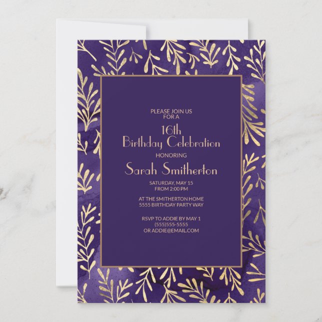 Convites Folhas de Ouro Roxo Elegantes Aniversário de 16 an (Frente)