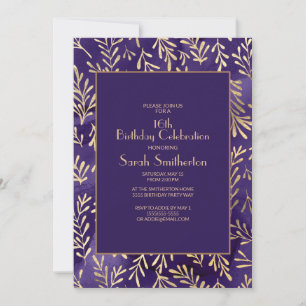 Convites Folhas de Ouro Roxo Elegantes Aniversário de 16 an
