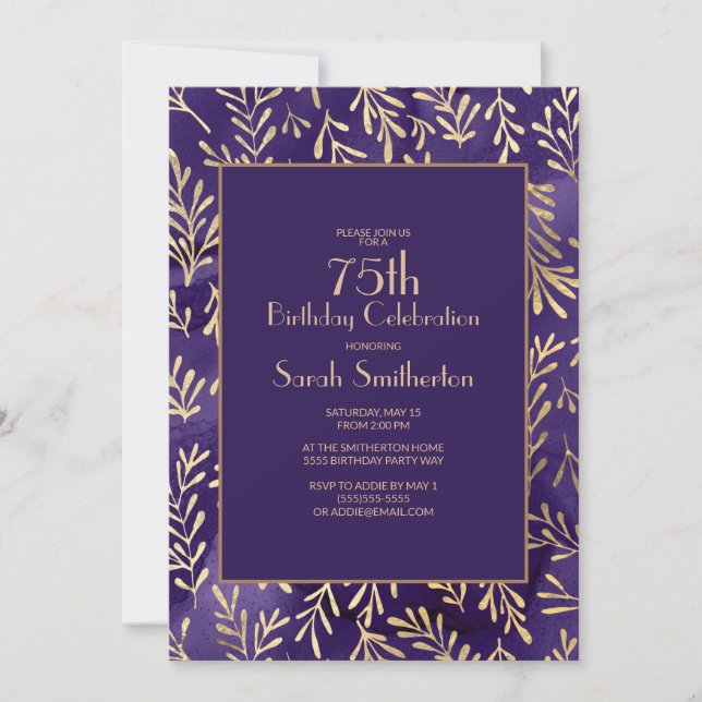 Convites Folhas de Ouro Roxo Elegantes para Aniversário de  (Frente)