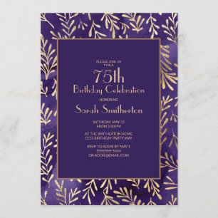 Convites Folhas de Ouro Roxo Elegantes para Aniversário de