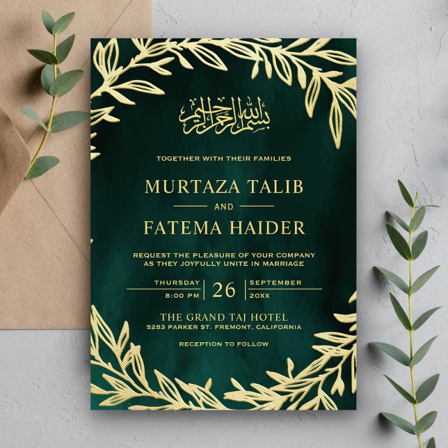 Convites Folhas de Ouro Verde Esmeralda Casamento Islâmico  (Criador carregado)