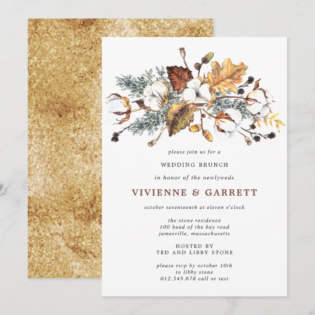 Convites Folhas de Outono Brunch Pós-Casamento Floral Branc (Frente/Verso)