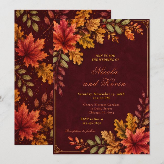 Convites Folhas de Outono Casamento Borgonha (Frente/Verso)