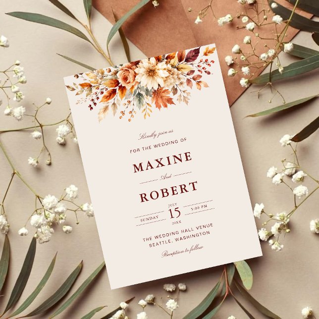 Convites Folhas de Outono Casamento Botânico Aquarela (Fall leaves botanical watercolor invitation brings cozy autumn charm to your special day.)