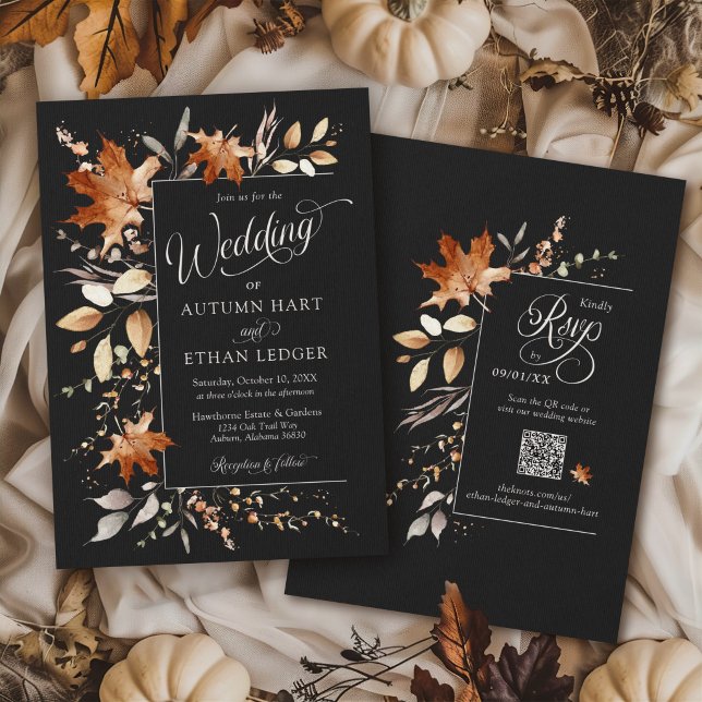 Convites Folhas de outono Casamento Floral Rústico de Outon (Elegant watercolor Autumn leaves modern black orange rust Fall QR code rsvp wedding invitation)