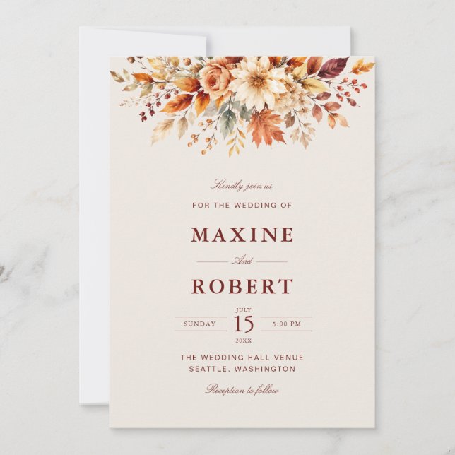 Convites Folhas de Outono Casamento Foto Código QR Botânico (Frente)