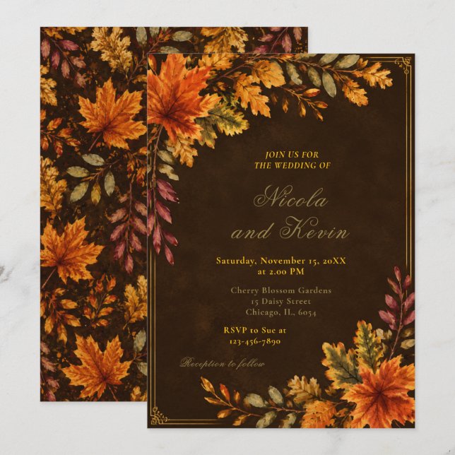 Convites Folhas de Outono Casamento Marrom (Frente/Verso)
