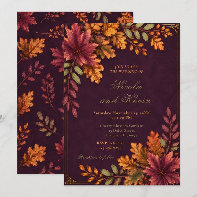 Convites Folhas de Outono Casamento Plum Deep (Frente/Verso)