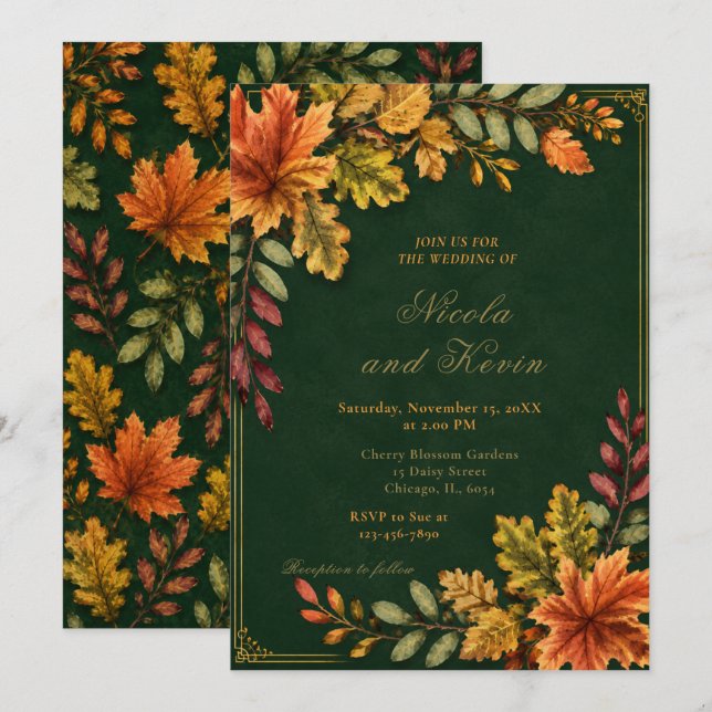 Convites Folhas de Outono Casamento Verde Floresta (Frente/Verso)