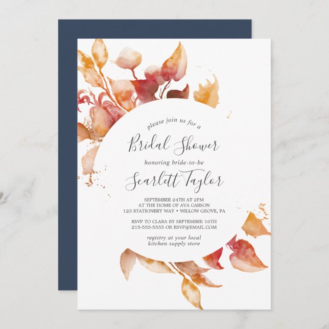 Convites Folhas de outono | Chá de panela branco e borgonha (Frente/Verso)