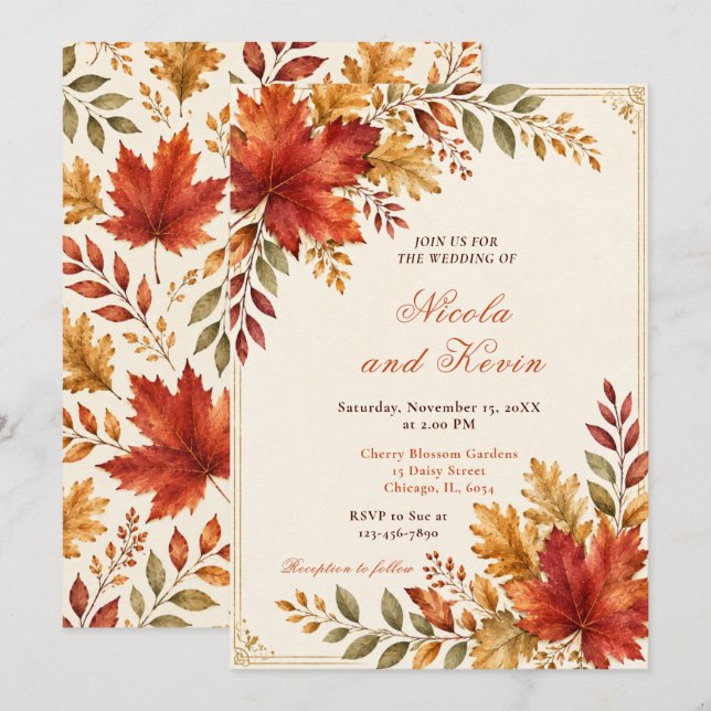 Convites Folhas de Outono Creme de Casamento (Frente/Verso)