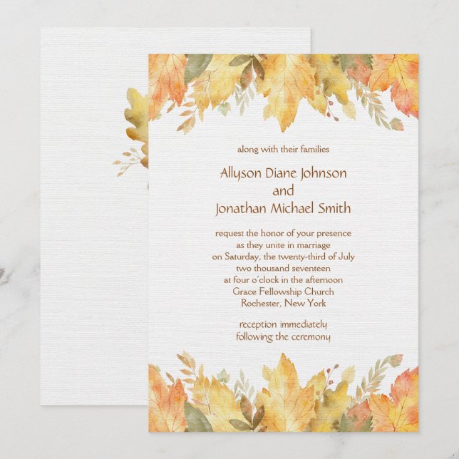 Convites Folhas de Outono de Aquarela Rústica Casamento | (Frente/Verso)
