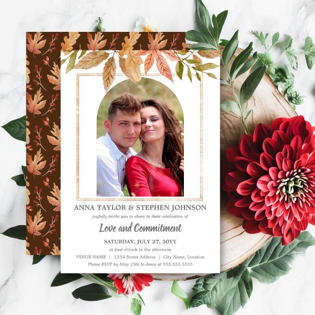 Convites Folhas de Outono em Aquarela & Cerimônia de Compro (Elegant watercolor autumn leaves and photo commitment ceremony invitation front and back.)