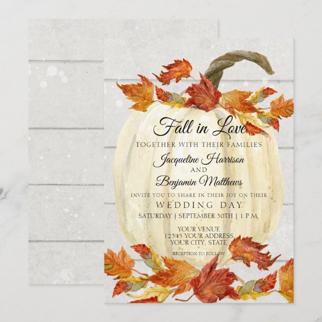 Convites Folhas de Outono em Aquarela Rústica Abóbora Madei (Frente/Verso)