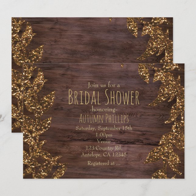 Convites Folhas de Outono Falso Brilho Dourado Glam (Frente/Verso)
