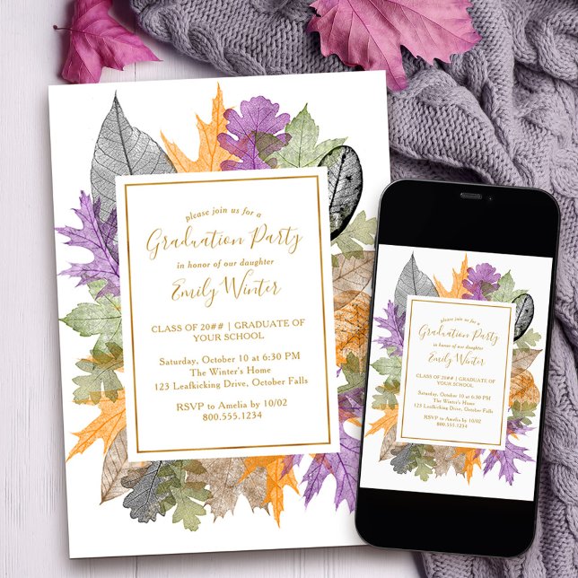 Convites Folhas de Outono Folhagem de Outono Script Graduaç (Fall Grad Party Invitation with autumn leaves to order printed or as a printable download)