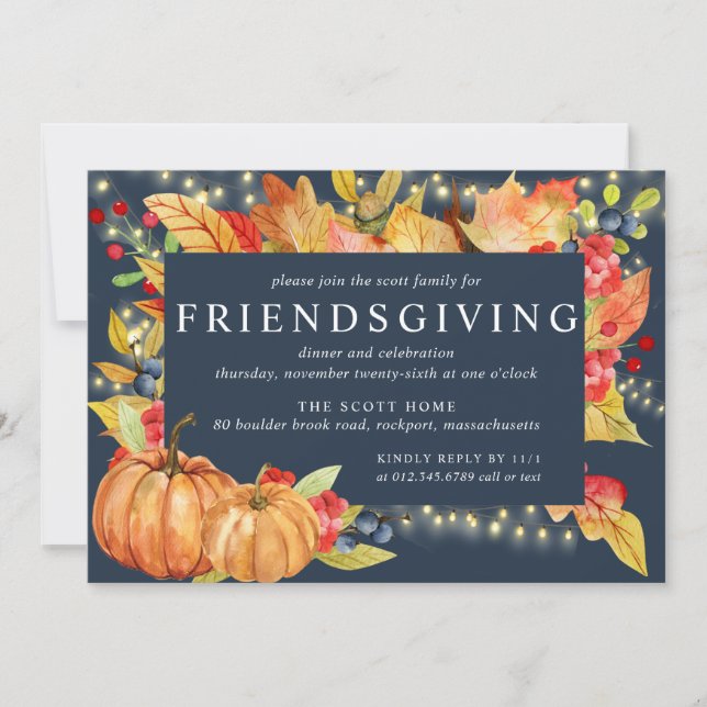 Convites Folhas de Outono Luzes de Abóbora no Friendsgiving (Frente)