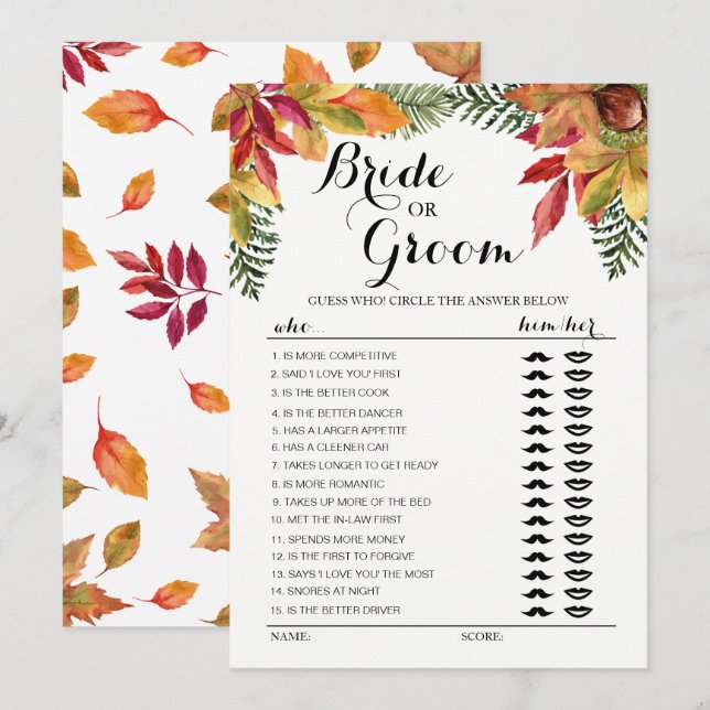 Convites Folhas de outono no outono Jogo da Noiva ou do Noi (Frente/Verso)