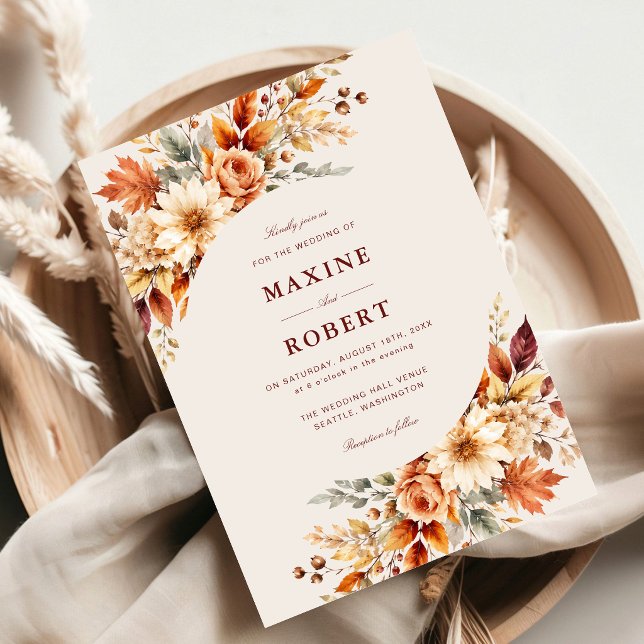 Convites Folhas de Outono Outono Botânico Casamento Aquarel (Fall leaves botanical watercolor invitation adds timeless autumn elegance to your wedding.)