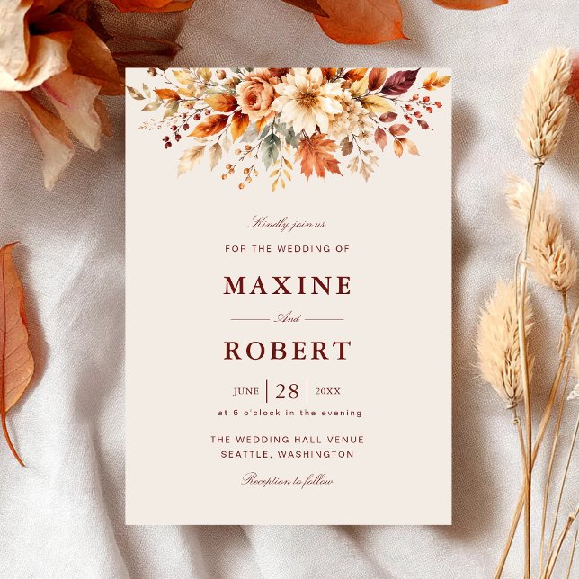 Convites Folhas de Outono Outono Botânico Casamento Aquarel (Fall leaves botanical watercolor invitation celebrates your autumn wedding beautifully.)