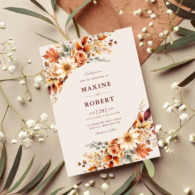 Convites Folhas de Outono Outono Botânico Casamento Aquarel (Fall leaves botanical watercolor invitation brings cozy autumn romance to your wedding.)