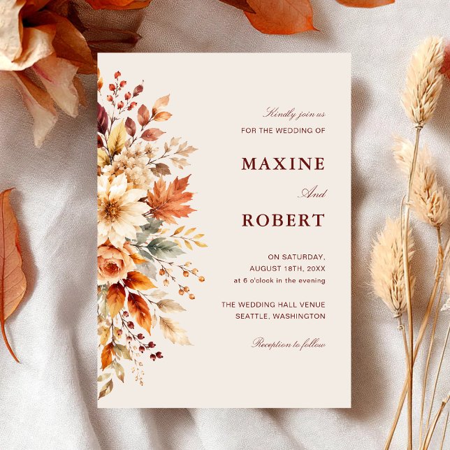 Convites Folhas de Outono Outono Botânico Casamento Aquarel (Fall leaves botanical watercolor invitation brings cozy autumn charm to your wedding.)
