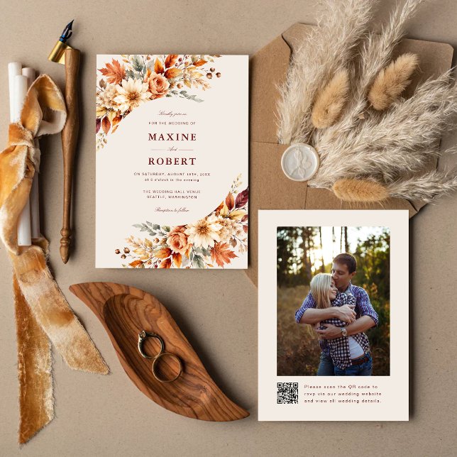 Convites Folhas de Outono Outono Botânico Código QR Foto Ca (Fall leaves QR code photo invitation lets guests share in your autumn love story.)