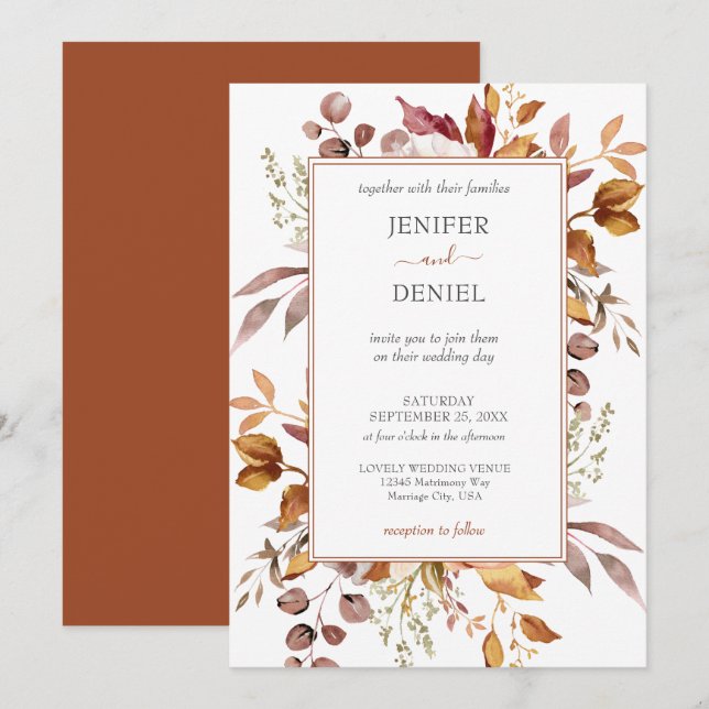 Convites Folhas de Outono Rústico País Boho Casamento (Frente/Verso)