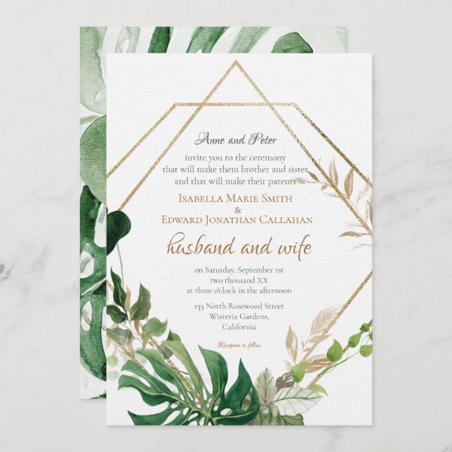 Convites Folhas de Palma Tropicais de Quadro Dourado Geomét (Frente/Verso)