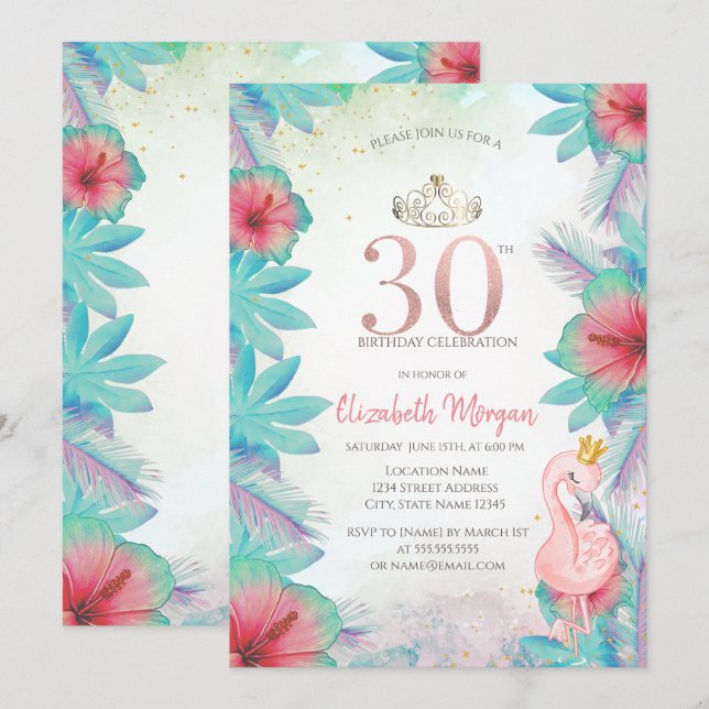 Convites Folhas de Palma Tropicais Hibisco Rosa Flamingo 30 (Frente/Verso)