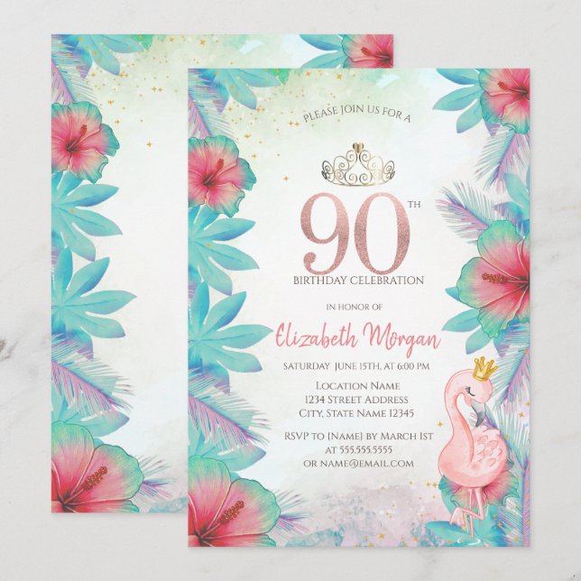 Convites Folhas de Palma Tropicais Hibisco Rosa Flamingo 90 (Frente/Verso)