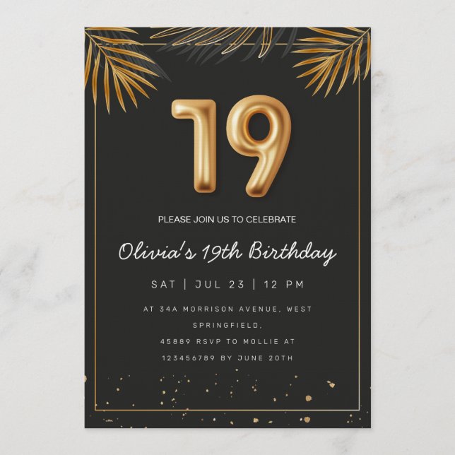 Convites Folhas de Palma Tropical Dourada Aniversário de 19 (Frente)