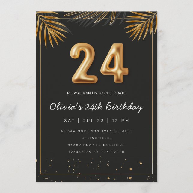 Convites Folhas de Palma Tropical Dourada Aniversário de 24 (Frente)