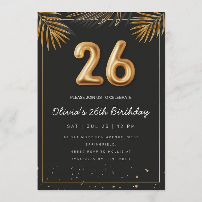 Convites Folhas de Palma Tropical Dourada Aniversário de 26 (Frente)