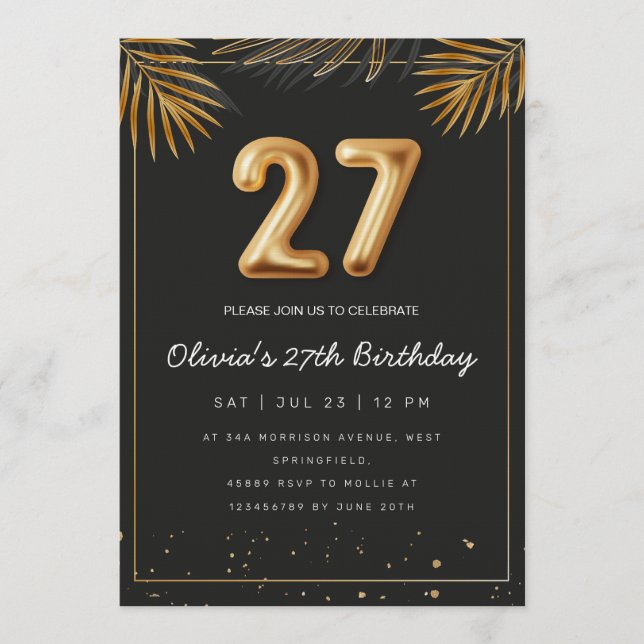 Convites Folhas de Palma Tropical Dourada Aniversário de 27 (Frente)