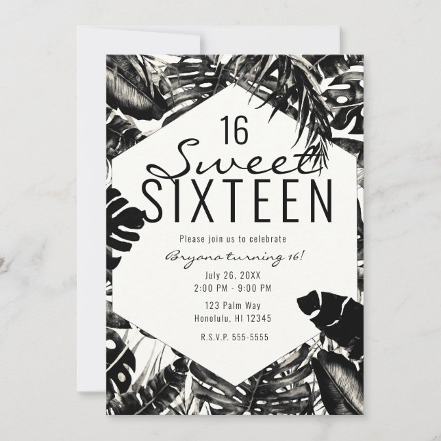 Convites Folhas de Palma Tropical Preto e Branco Sweet 16 (Frente)