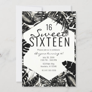 Convites Folhas de Palma Tropical Preto e Branco Sweet 16
