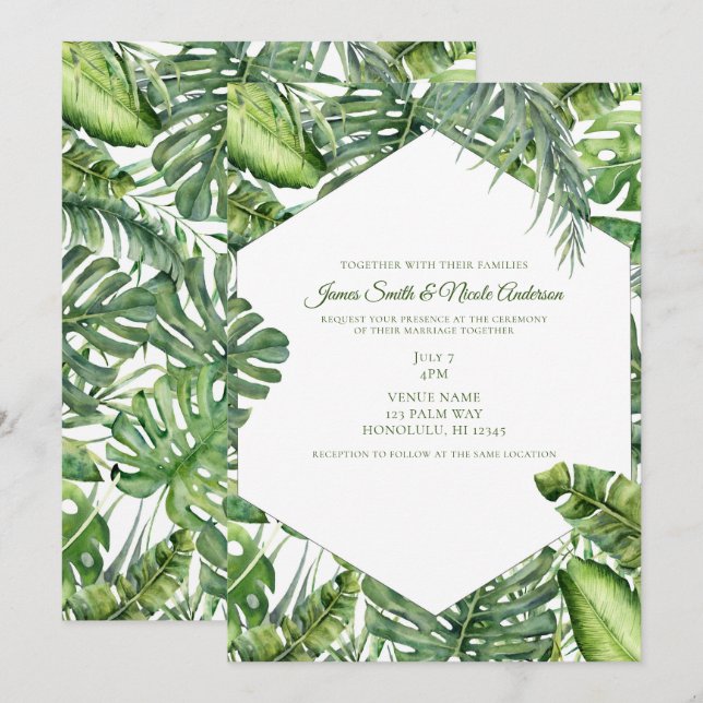 Convites Folhas de Palma Tropical Verde Casamento de Verão  (Frente/Verso)