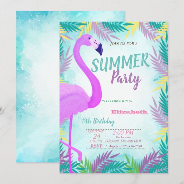 Convites Folhas de Palmeira, Flamingo, Festa de Aniversário (Frente/Verso)
