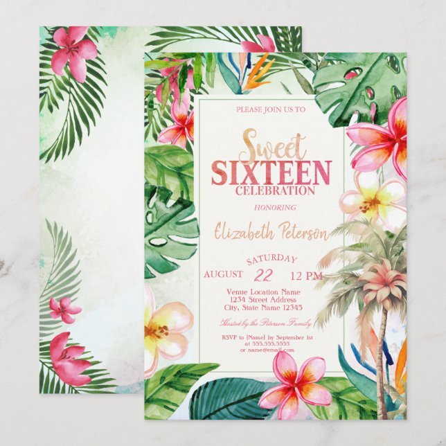 Convites Folhas de Palmeira Flores Tropicais Verão Doce 16  (Frente/Verso)