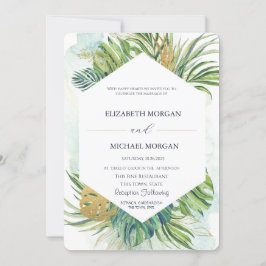 Convites Folhas de Palmeira Tropicais Douradas Casamento de