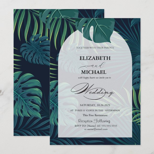 Convites Folhas de Palmeira Tropicais Roteiro Casamento (Frente/Verso)