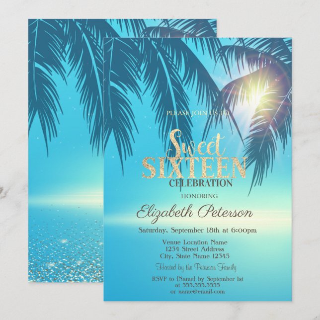 Convites Folhas de Palmeira Tropicais Sweet 16  (Frente/Verso)