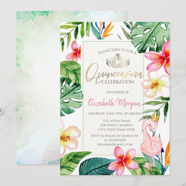 Convites Folhas de Palmeira Tropical Flores Flamingo Rosa (Frente/Verso)