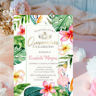 Convites Folhas de Palmeira Tropical Flores Flamingo Rosa