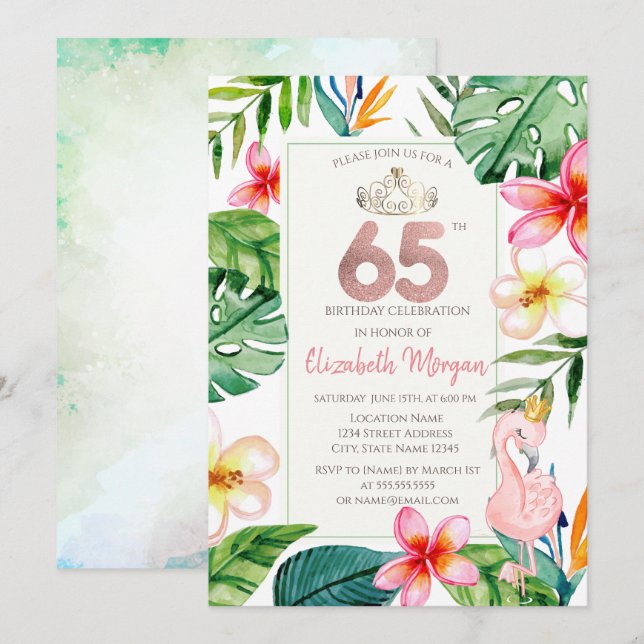 Convites Folhas de Palmeira Tropical Flores Flamingo Rosa 6 (Frente/Verso)