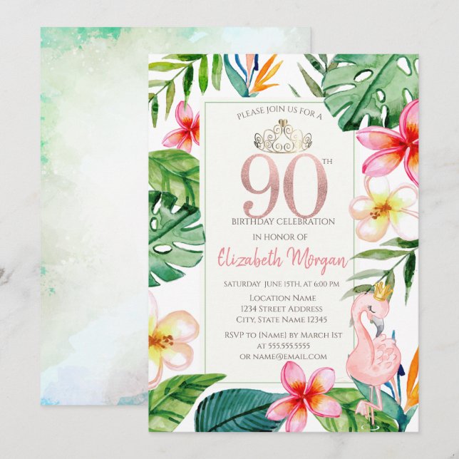 Convites Folhas de Palmeira Tropical Flores Flamingo Rosa 9 (Frente/Verso)