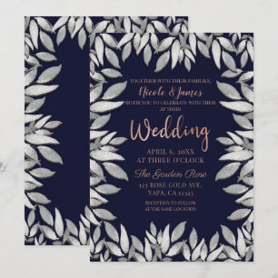 Convites Folhas de Prata Glam Botânico Casamento Azul Rosa