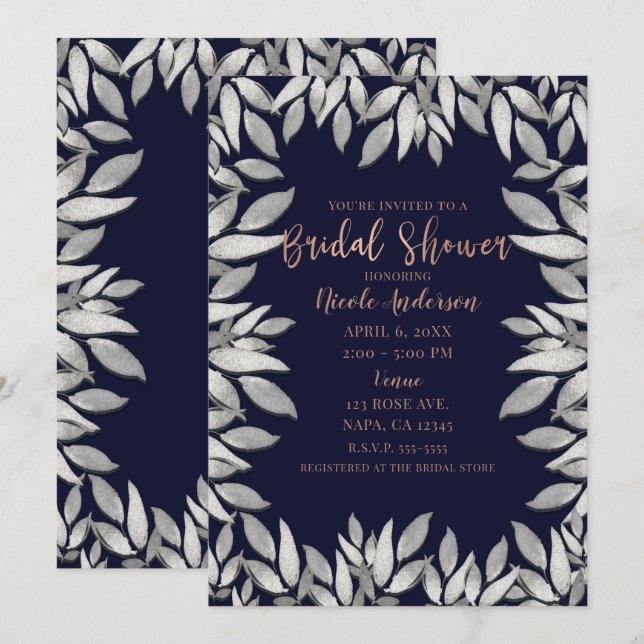 Convites Folhas de Prata Glam Botânico Casamento Azul Rosa (Frente/Verso)