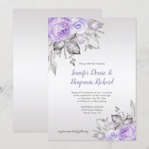 Convites Folhas de Prata Rosas Roxas - Prata - Casamento  